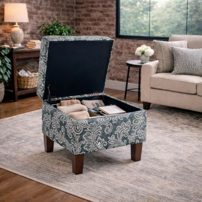 HomePop 22" Modern Rectangular Storage Ottoman - Blue Denim Jacobean Print - color: Blue Denim Jacobean Print