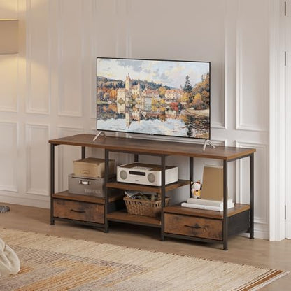 DUMOS 47" TV Stand with Fabric Drawers for 50 55 Inches TV | Entertainment Center and Industrial TV Console Table with Open Storage Shelves for Living Room, Bedroom, Rustic Brown - size: 15.8"D x 47.2"W x 21.7"H