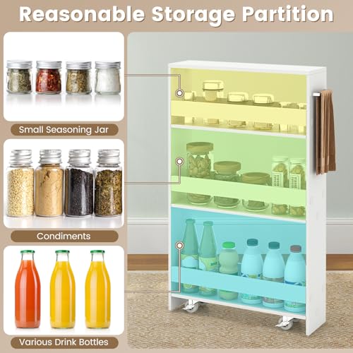MAT EXPERT Slim Rolling Storage Cart, 4-Tier Freestanding Slim Storage Cart with Wheels 360 Degree & Metal Handle, Wooden Utility Cart for Narrow Kitchen, Laundry Room, Bathroom (Plain White) - color: Plain White