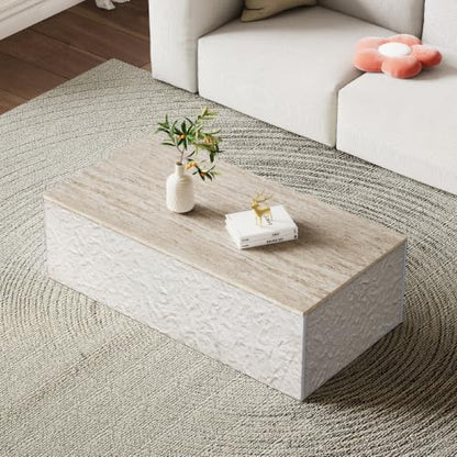 Henf Modern Faux Stone Coffee Table with Travertine Top, 47''x24''x14'' | Multi-Use Living Room Table, Faux Rock Base, Low-Profile Design, Waterproof & Stain-Resistant, Scratch-Resistant Surface - color: Natural, size: 47in