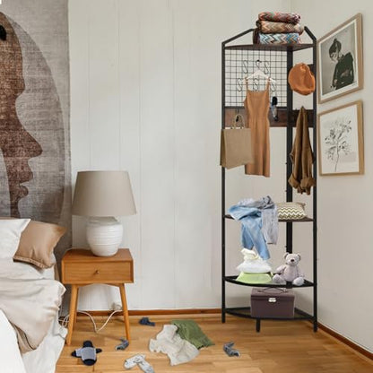 Corner Coat Rack, Coat Rack with Shoe Storage, Hall Tree with Bench and Shoe Storage, Freestanding Shelves with 14 Hook for Entryway, Hallway,Bedroom (Corner)