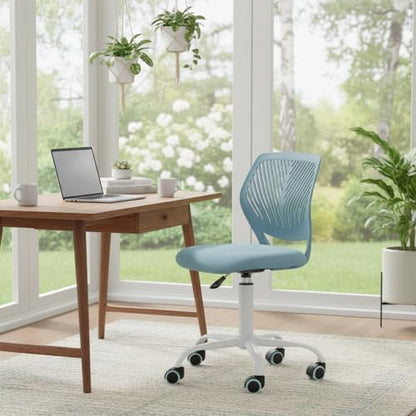 FurnitureR Blue Kids Study Desk Chair, Adjustable Swivel Armless Task Chair with Comfy Fabric Cushion & Plastic Back — Cute for Children & Students - color: Blue