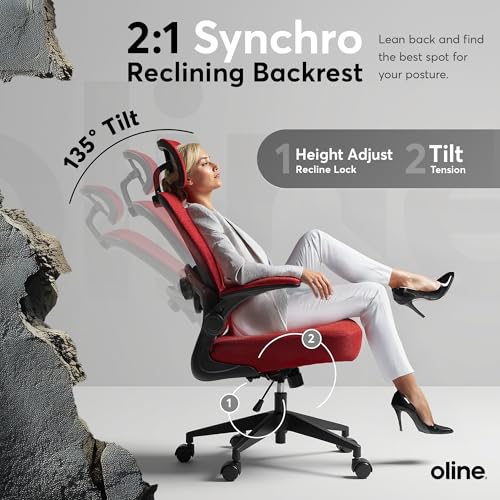 Oline ErgoAir Ergonomic Office Chair – Adjustable Lumbar Support, Flip-Up Armrests, Mesh Computer Desk Chair, Swivel Rolling Executive Gaming Chair for Home & Office (Red) - color: Red