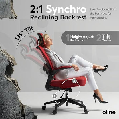 Oline ErgoAir Ergonomic Office Chair – Adjustable Lumbar Support, Flip-Up Armrests, Mesh Computer Desk Chair, Swivel Rolling Executive Gaming Chair for Home & Office (Red) - color: Red