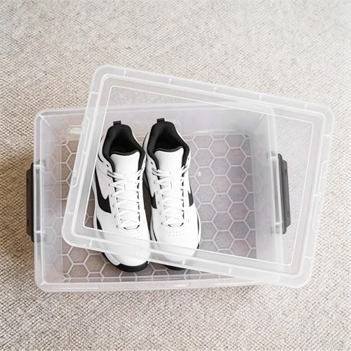 Citylife 33 Qt Ultra-Thick Plastic Clear Storage Bins with Lids, 4-Pack | Heavy-Duty Straight-Wall Plastic Bins with Honeycomb Base and Pinch-Free Latches for Closets, Garages, and Decor, BPA-Free - size: 33 QT, style: 4 Pack