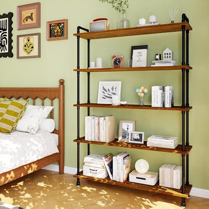 Industrial Bookshelf, Pipe Shelf Bookcase, 5 Tier, 48" Walnut | Solid pine shelves, 48 inch wide, black pipe frame, 50 lbs per shelf, open bookcase for books, plants, office - color: Walnut Brown, size: 48"L × 70"H