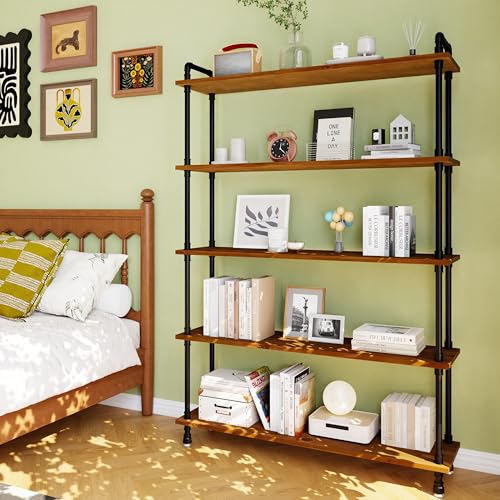 Industrial Bookshelf, Pipe Shelf Bookcase, 5 Tier, 48" Walnut | Solid pine shelves, 48 inch wide, black pipe frame, 50 lbs per shelf, open bookcase for books, plants, office - color: Walnut Brown, size: 48"L × 70"H
