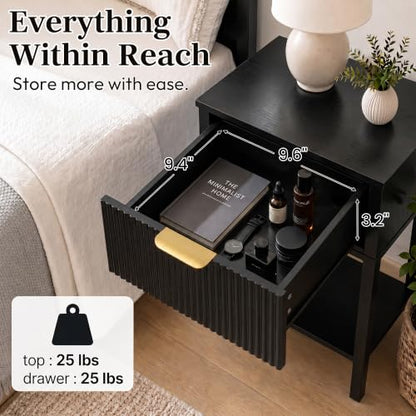 Black 15.4" Wide Small Nightstand with Drawer,Open Shelf,Fluted | Black wood-grain finish, fluted drawer front with gold handle, 11.8-inch slim depth, designer-inspired bedside storage - color: Black