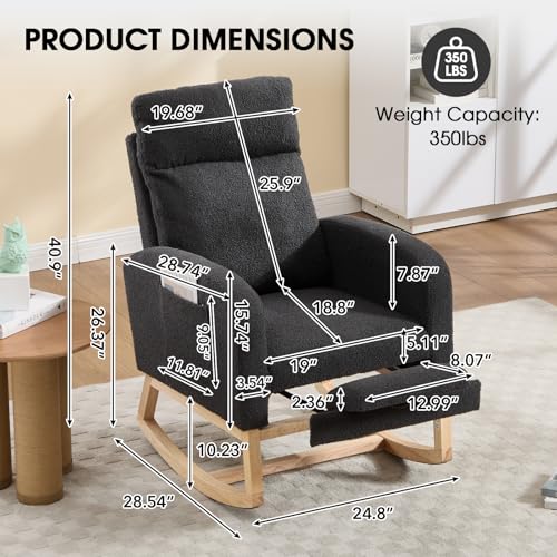 Rocking Chair Nursing, Rocker Chair with Footrest (Grey) | Teddy Boucle Upholstered Accent Reading Chair with High Back & Side Pocket for Living Room Bedroom Nursery Office - color: Grey