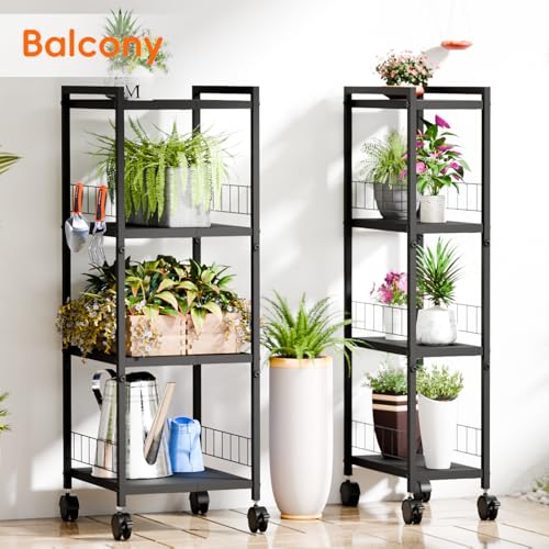 Expandable Slim Storage Cart with Wheels, 4 Tier Narrow Metal Rolling Utility Cart Organizer Adjustable Open Floor Shelving Unit for Small Spaces Bathroom Laundry Room Kitchen