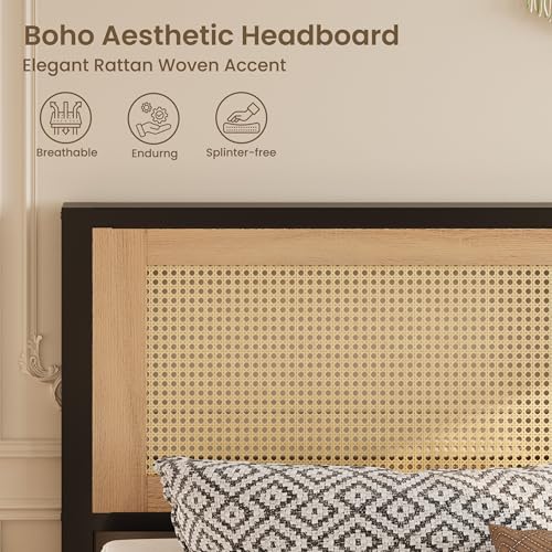 LIKIMIO Full Rattan Bed Frame with Headboard, Boho Metal Platform Bed | Rattan headboard, 650 lb support, metal slats, EVA pads, 9.8-inch underbed clearance, no box spring needed. - size: Full