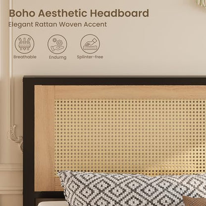 LIKIMIO Full Rattan Bed Frame with Headboard, Boho Metal Platform Bed | Rattan headboard, 650 lb support, metal slats, EVA pads, 9.8-inch underbed clearance, no box spring needed. - size: Full
