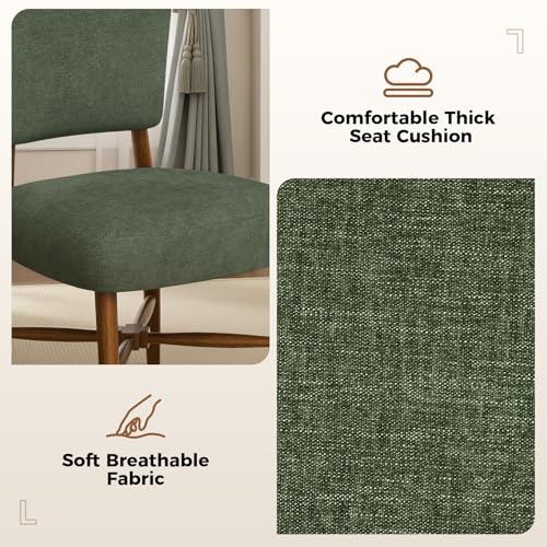 Mid Century Dining Chairs Set of 4, Linen Seat, Wood Legs, Green | Farmhouse, Upholstered Padded Cushion, Solid Wood Cross-Brace, Easy 15-Min Assembly, Kitchen Dining Room - color: Green, size: Set of 4