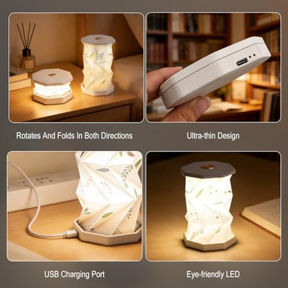 Foldable Mini Night Light, USB Rechargeable Touch Lamp | Portable Paper Lantern Lamp with Dimmable Warm Glow, Boho Leaf Pattern, Rotating Design for Bedroom, Living Room & Travel