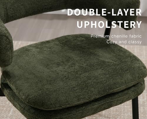 ROCITY Green Dining Chairs Set of 2 Modern Upholstered Kitchen Chairs | Curved Barrel Back, Black Metal Legs, Chenille Fabric, Side Chairs for Dining Room/Restaurant - color: Olive Green, size: 2PCS