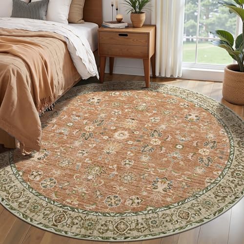 Tangsoo Vintage Round Rug 5ft Washable Circle Rug, Non Slip Round Area Rug | Farmhouse Terracotta Floral Circular Rugs,Boho Soft Low Pile Round Carpet for Bedroom,Living room,Dorm,Office,Dinning Room - color: Terracotta Tangerine, size: 5' X 5' (Round)