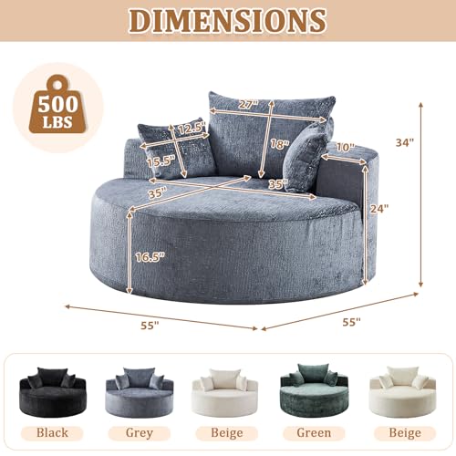 55" Oversized Round Chaise Longue Chair Indoor, Upholstered Chenille Circle Single Cloud Reading Sofa Chair Deep Seat Modern Boneless Sleeper Couch No Assembly Required, Grey - color: Grey, style: 55"Chenille