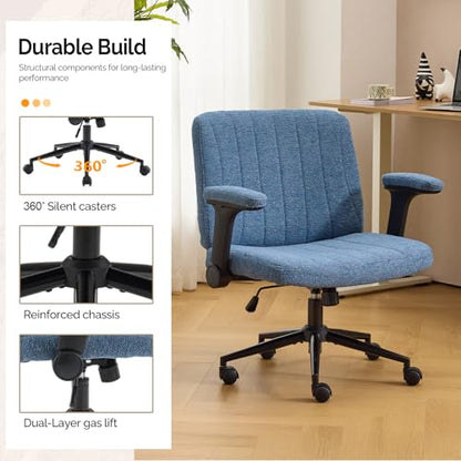 VINGLI Criss Cross Chair with Adjustable Flip-Up Arms,Cross Legged Chair with Wheels,Extra Wide Office Chair,Desk Chair for Home Office,Vanity,Bedroom, Apartment,Starry Chenille,Navy Blue - color: Navy Blue