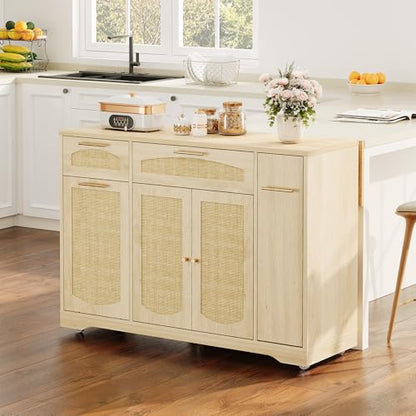 Garvee Rolling Kitchen Island Table on Wheels with Drop Leaf, Tilt Out Trash Can Cabinet, Storage Cabinet, Drawer, Spice Rack, Kitchen Cart, 53.1" Wide, Natural - color: Natural