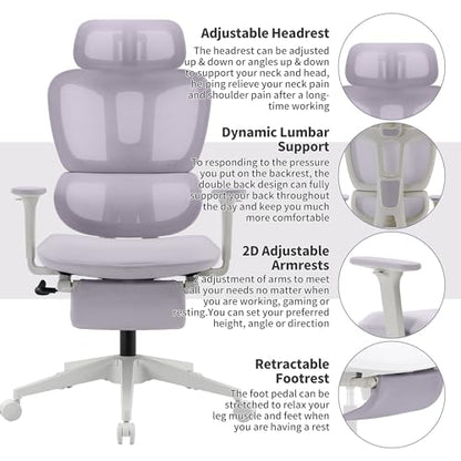 Ergonomic Office Chair with Footrest, 90-135° Reclining High Back Desk Chair with Lumbar Support, 2D Headrest, 2D Armrests, Computer Chair for Long Hours, Purple - color: Purple