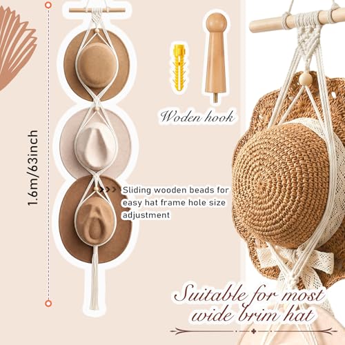 Macrame Hat Hangers Racks Boho Cowboy Hats Holders Western Display Organizer Storage decor Back of Door for Wall (White,Three Hats Style) - color: White, style: Three Hats Style