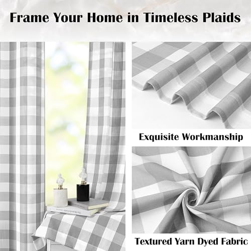Short Buffalo Plaid Semi Sheer Curtains 63 Inches Length | Grey White Farmhouse Buffalo Check Drapes for Bedroom Living Room,Rustic Window Treatment,Rod Pocket,52"Wx63”L(Pack of 2) - color: Gray/White, size: 52"W x 63"L (Pack of 2)