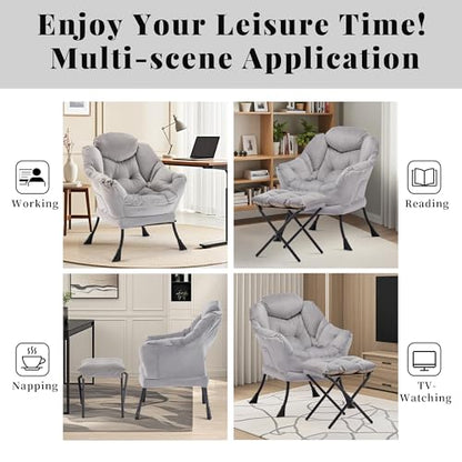 Lazy Chair with Ottoman, Comfy Reading Chair, Grey | Cushioned Seat with Foldable Ottoman and Side Pocket, Lounge Chair for Bedroom, Living Room, Dorm and Small Spaces - color: Grey