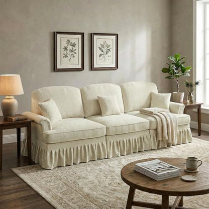 Modular Sectional Sofa Couch, Comfy Chenille Sofa with Removable Ruffled Skirt, Flared Armrests, Sturdy Legs, Convertible 3-Seat for Living Room, Bedroom, Apartment (Beige) - color: Beige, size: 107.1 Inch