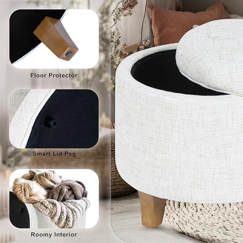 HomePop 19" Button Tufted Round Storage Ottoman - Cream Textured Solid - color: Cream Textured Solid
