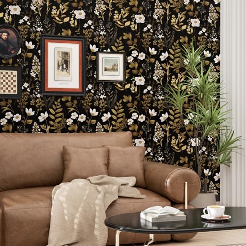 Black and Gold Botanical Peel and Stick Wallpaper 17.4" x 394" | Renter Friendly, Removable & Waterproof, Vinyl Easy Install for Bedrooms, Bathrooms, Kitchens, Cabinets and Home Decor - color: Golden/Black, size: 17.4" x 394"