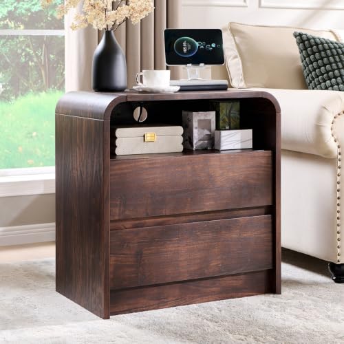 Aitjunz 25" Tall Modern Nightstand Set of 2, 23.6'' Wide Wood Bedside Table w/2 Storage Drawers, Charging Station,Mid Century End Table for Bedroom, Living Room, Curved Profile Design, Brown - color: Brown, size: 2 Pieces