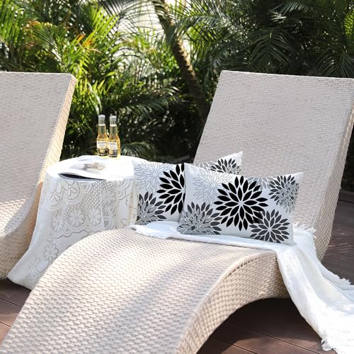 DFXSZ Outdoor Waterproof Pillow Covers 12x20 Set of 2 Black Grey Flower | Spring Summer Waterproof Flower Throw Pillowcases（No Inserts）Outdoor Decor for Patio Funiture Garden Polyester Covers - color: Black Grey, size: 20" x 12" (Pack of 2)