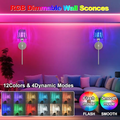 Battery Operated Crystal Wall Sconce Set of 2, Chrome Rechargeable Wireless Wall Sconces with Remote Dimmable 12 Colors Modes Led Wall Lights for Bedroom Living Room Hallway, 2 Bulbs Included - color: Chrome