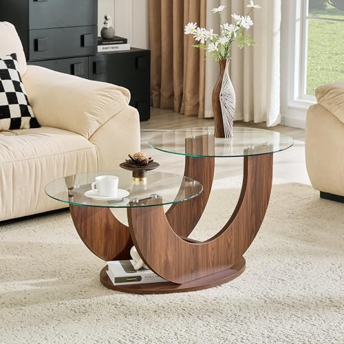 Modern Glass Coffee Table, 31.8" U-Shaped Wood Base Side Table with Tempered Glass Top, 2-Tier Round Accent Table with Walnut Finish for Living Room, Bedroom, Office - color: Walnut, size: 31.8" U-Shaped