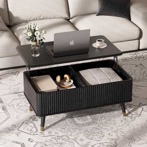 SULIVES Lift Top Coffee Table with Storage,Fluted Coffee Table with Lifting Top,Mid Century Modern Center Table with Solid Wood Legs,Small Coffee Tables for Living Room,Black - color: Black_rectangular
