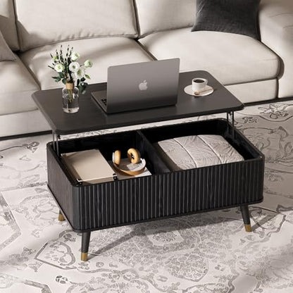 SULIVES Lift Top Coffee Table with Storage,Fluted Coffee Table with Lifting Top,Mid Century Modern Center Table with Solid Wood Legs,Small Coffee Tables for Living Room,Black - color: Black_rectangular