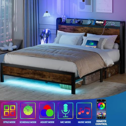 Full Bed Frame with Headboard,Charging Station and LED Lights | Metal Platform Bed with Charging Station and LED Lights, Noise Free, Easy Assembly,No Box Spring Needed, Brown - size: Full