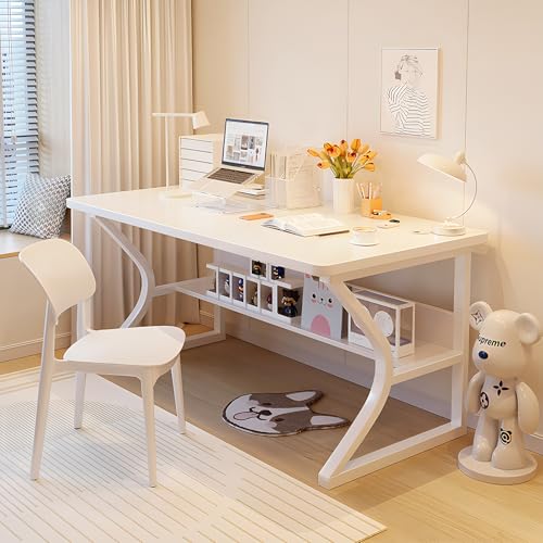 Small Computer Desk 39.3 Inch with Bookshelf White | Writing desk for home office, study and work use, storage shelf design, space saving for small room apartment - color: White, size: 39.4" L x 19.7" W x 29.5" H