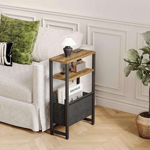 Narrow Side Table, Slim End Table with Magazine Rack, Skinny Bedside Table for Small Spaces, 3 Tier Sofa Couch Table Nightstand for Living Room, Bedroom, Walnut Brown LET503BR - color: Walnut Brown, style: No Charging Station