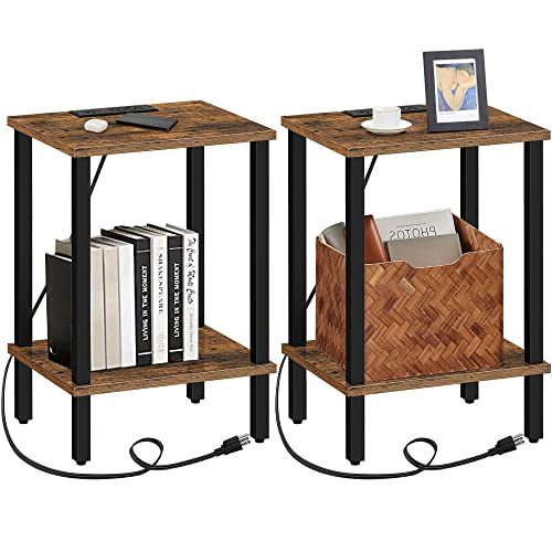 TUTOTAK End Table with Charging Station, Side Table Set of 2, Nightstand | 2-Tier Storage Shelf, Bedside Table with USB Ports, Sofa Table for Small Space Livingroom Bedroom Brown and Black TB01BB041 - color: Brown