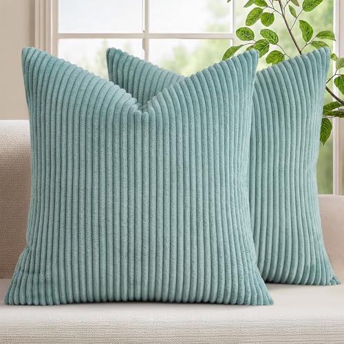 Mecatny 코듀로이 장식용 쿠션 커버 45.7x45.7cm(18x18인치) 아쿠아 2개 | 부드러운 스트라이프 질감, 숨겨진 지퍼 디자인, 소파 소파 거실 침실, 홈 데코용 뉴트럴 보헤미안 스퀘어 베개 커버 - color: 아쿠아, size: 18" x 18" (Pack of 2)