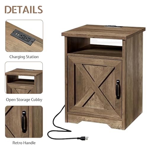 3 Piece Living Room Table Set with Barn Door, Barnwood | Includes Coffee Table and 2 End Tables, Charging Station &USB Ports, Rustic Farmhouse Style, Living Room Furniture Set - color: Barnwood
