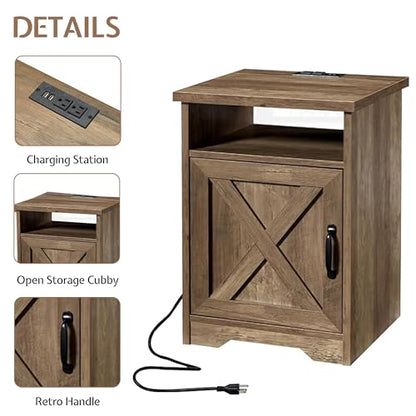 3 Piece Living Room Table Set with Barn Door, Barnwood | Includes Coffee Table and 2 End Tables, Charging Station &USB Ports, Rustic Farmhouse Style, Living Room Furniture Set - color: Barnwood
