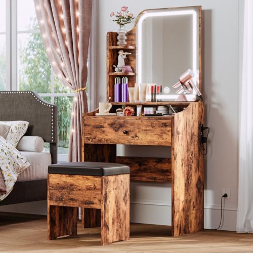 LIKIMIO Small Vanity Desk with Mirror Lights and Storage Stool | Vintage brown compact vanity with 3 light modes, charging station, storage drawer, 3 shelves and upholstered stool - color: Vintage Brown