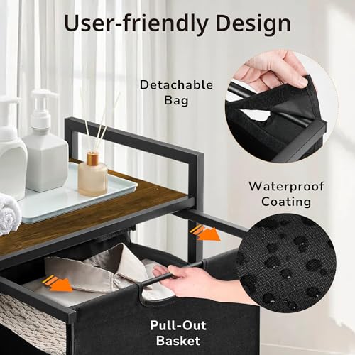 Laundry Hamper with Shelf, Laundry Basket with 1 Large Pull-Out Removable Bags, 1 x 18.3 Gallons(69L), Metal Frame, Lockable Wheels, for Laundry Room and Bedroom - color: Black and Rust (1 Bag 69L)