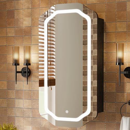FUSUNBAO LED Medicine Cabinet Mirror for Bathroom, Wall Mounted or Recessed Unique Medicine Cabinet with Lights and Mirror,Stable & Removable 2 Shelves, Adjustable 3 Colors (Black) - color: Black, size: Polygon