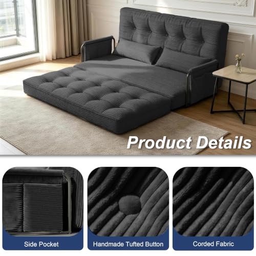 Futon Sofa Bed,Convertible Sofa Bed,Folding Boneless Couches | 3-in-1 Folding Sofa Bed,Boneless Couches for Living Room with Pillow & Side Pocket,High-density Foam,Double Sleeper,Black - color: Balck, size: Full