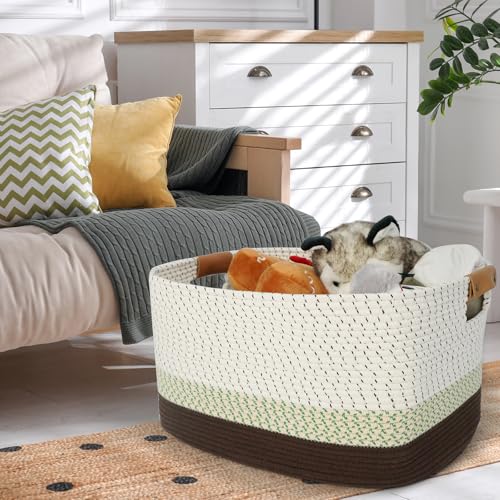 108L Large Basket for Living Room, Nursery & Laundry, Kids Toy Basket Storage with Leather Handle, 25’’*16’’*16’’ White & Mottled Green - color: White & Mottled Green, size: 108L