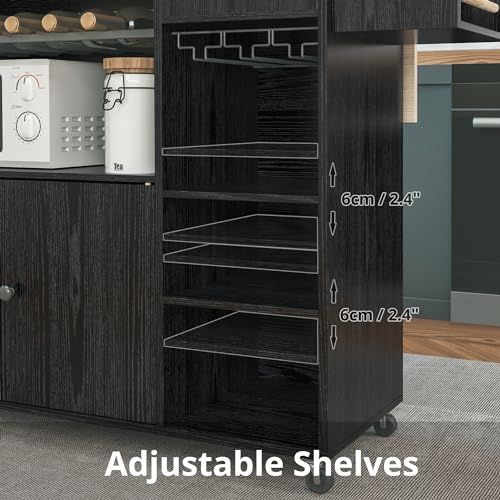 IRONCK Kitchen Island Cart with Wheels for Kitchen and Dining Room | Wine Rack, Drawers, Open Shelves, Storage, Drawer Space - color: Black