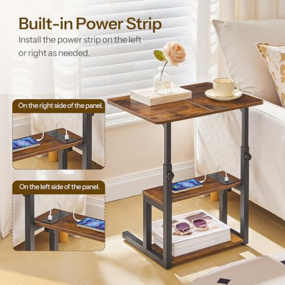 HOOBRO C-Shaped End Table, Adjustable Height Side Table with Power Strip | Couch Table with 20.5"L x 15"W Spacious Desktop, TV Tray Table with Storage Shelves for Living Room, Sofa Chair, Rustic Brown - color: Rustic Brown + Black